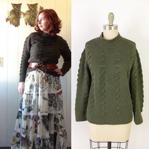 Alpaca Forest Green Cable Knit Cozy Sweater Mockneck Adventurecore Cabincore